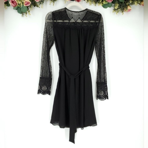 REISS Callista Lace Sleeve Belted Black Dress Size 0 - Picture 2 of 8